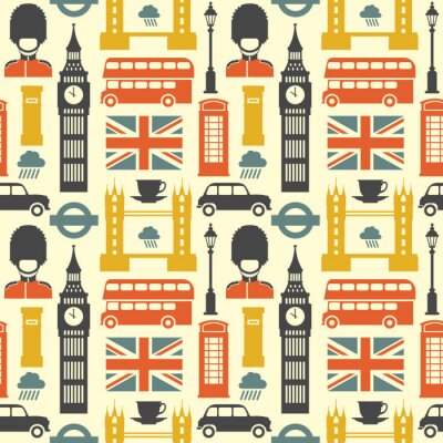 Papier peint à motif  Modèle de Londres. Modèle sans soudure coloré de vecteur avec des symboles de Londres, tels que Big Ben, bus rouge, taxi et drapeau britannique dans un style branché plat. Isolé sur blanc