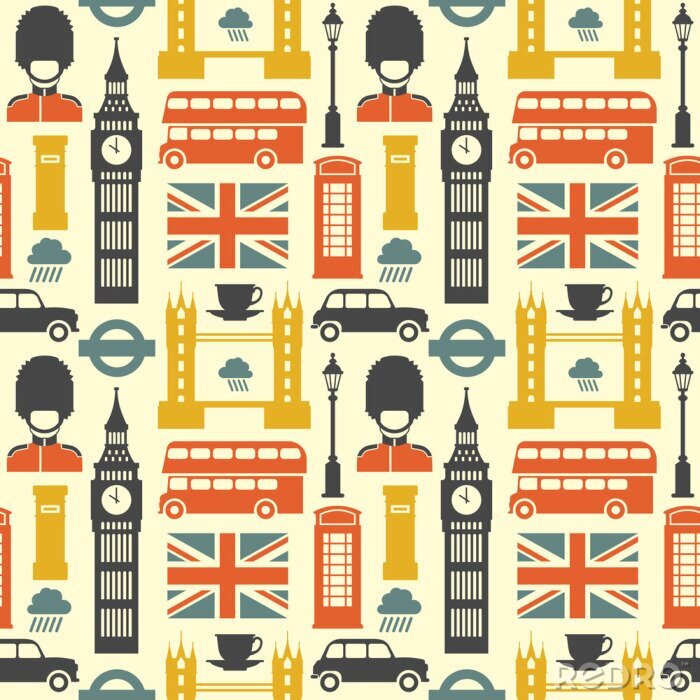 Papier peint à motif  Modèle de Londres. Modèle sans soudure coloré de vecteur avec des symboles de Londres, tels que Big Ben, bus rouge, taxi et drapeau britannique dans un style branché plat. Isolé sur blanc