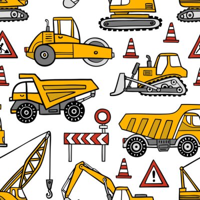 Papier peint à motif  Modèle de vectorielle continue construction voitures dessinées à la main sur fond blanc.