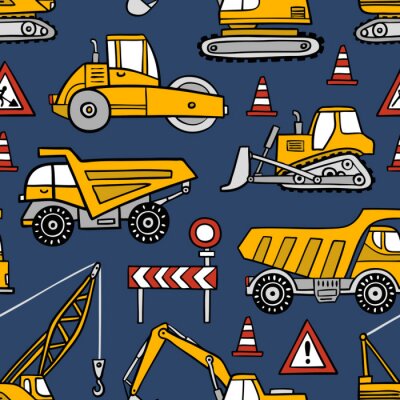 Papier peint à motif  Modèle de vectorielle continue de construction voitures dessinés à la main sur fond bleu foncé.