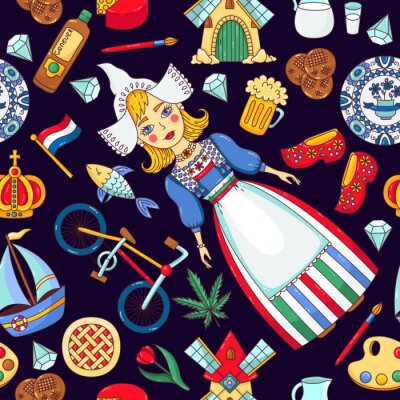 Papier peint à motif  Modèle de vectorielle continue de Hollande Pays-Bas icônes