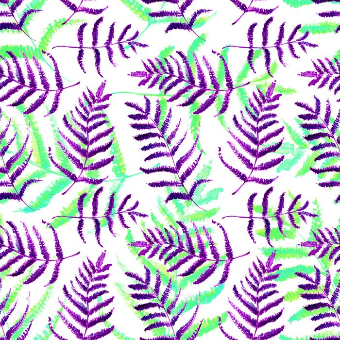 Papier peint à motif  Modèle de verdure aquarelle réaliste sans soudure. Impression de feuilles de fougère dessinées à la main. Été, herbes de forêt de printemps, texture de plantes. Feuillage dans le style vintage. Concep