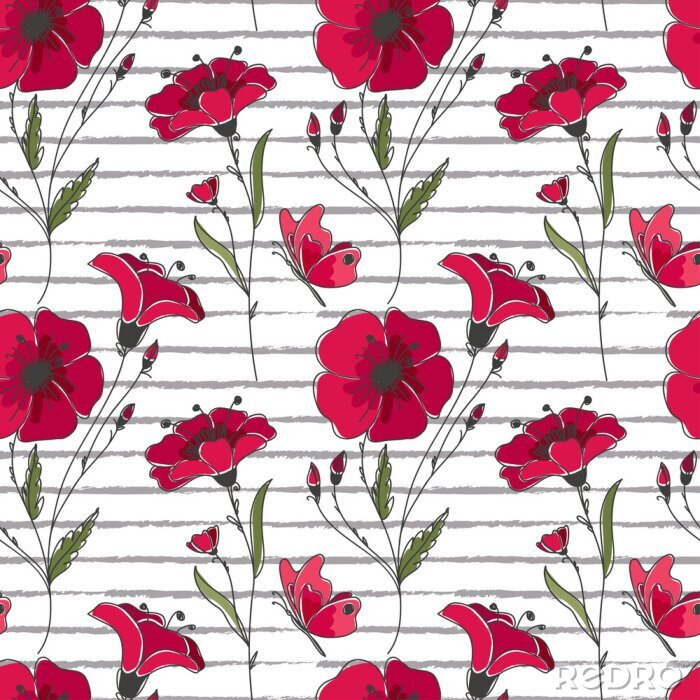 Papier peint à motif  Modèle floral seamless seamless. Motif floral coloré avec des coquelicots rouges sur fond rayé.