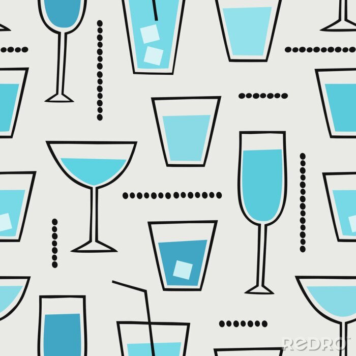 Papier peint à motif  Modèle moderne sans couture avec des boissons cocktail en bleu, noir et crème.