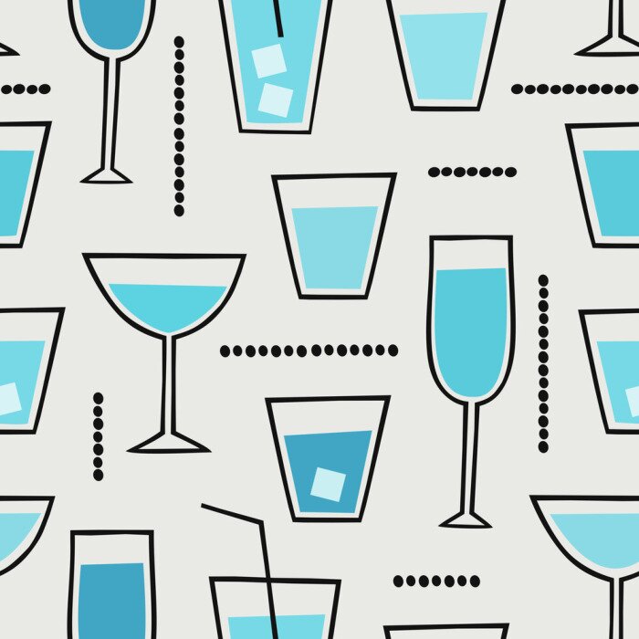 Papier peint à motif  Modèle moderne sans couture avec des boissons cocktail en bleu, noir et crème.