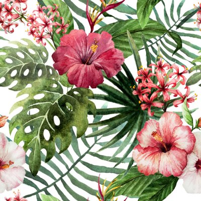 Papier peint à motif  modèle Orchid Hibiscus laisse tropiques aquarelle
