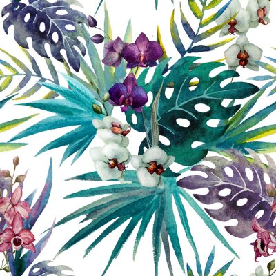 Papier peint à motif  modèle Orchid Hibiscus laisse tropiques aquarelle
