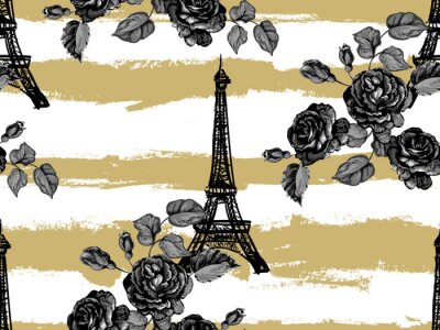 Papier peint à motif  Modèle Paris sans couture avec la Tour Eiffel et les fleurs de roses. Fond de vecteur français. Parfait pour les fonds d'écran, page web, textures de surface, textile, invitations, vêtements, cartes, 