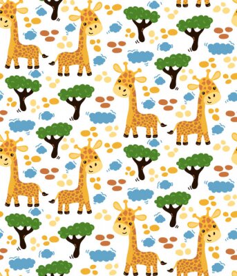 Papier peint à motif  Modèle pour enfants de girafes mignonnes parmi les arbres