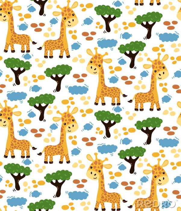 Papier peint à motif  Modèle pour enfants de girafes mignonnes parmi les arbres