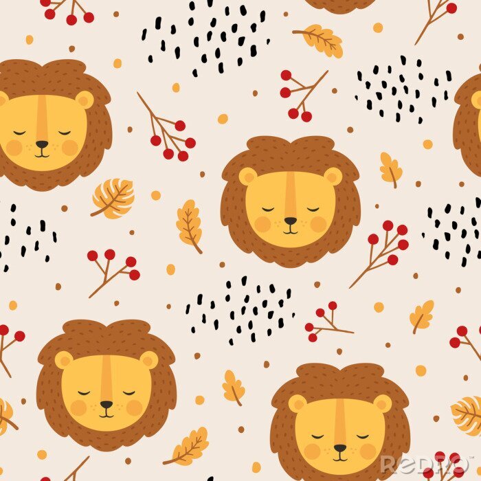 Papier peint à motif  Modèle pour enfants de lions et de feuilles d'automne