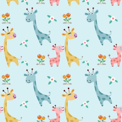 Papier peint à motif  Modèle pour enfants girafes et fleurs joyeuses