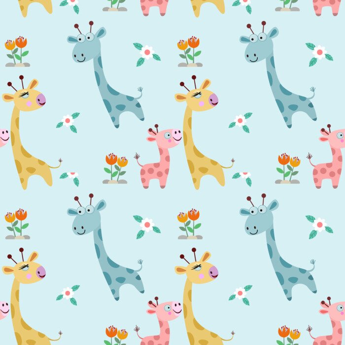 Papier peint à motif  Modèle pour enfants girafes et fleurs joyeuses