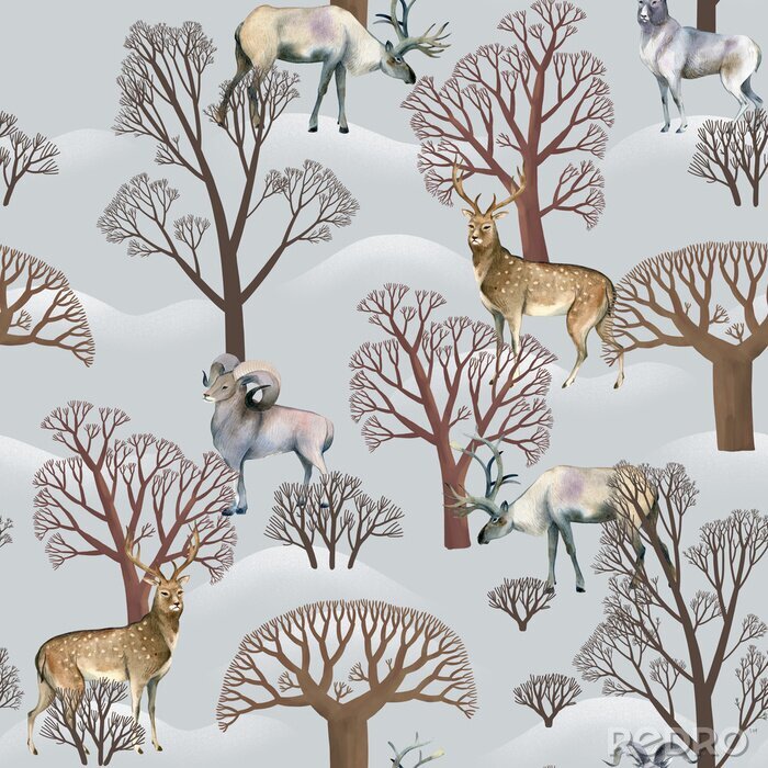 Papier peint à motif  Modèle sans couture aquarelle. Animaux sauvages, cerfs, wapitis, moutons, orignaux entre arbres nus en hiver