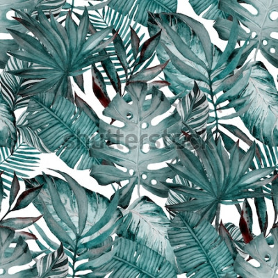 Papier peint à motif  Modèle sans couture aquarelle avec des feuilles tropicales: palmiers, monstera, fruit de la passion. Belle impression allover avec des plantes exotiques dessinées à la main. Conception botanique de ma