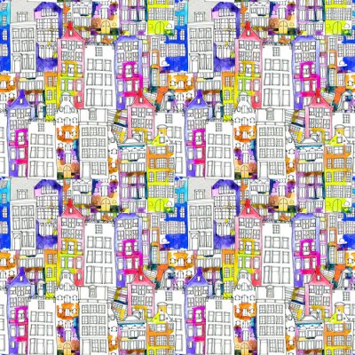 Papier peint à motif  Modèle sans couture aquarelle eith Amsterdam maisons