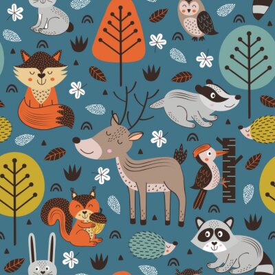 Papier peint à motif  modèle sans couture avec des animaux de la forêt sur fond bleu style scandinave - illustration vectorielle, eps