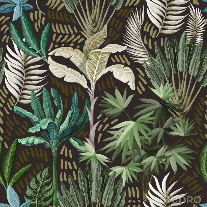 Papier peint à motif  Modèle sans couture avec des arbres exotiques tels que nous, palmiers et bananes. Papier peint intérieur vintage.