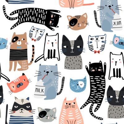 Papier peint à motif  Modèle sans couture avec des chatons mignons dans un style différent. Texture enfantine créative. Idéal pour les tissus, textiles Illustration vectorielle