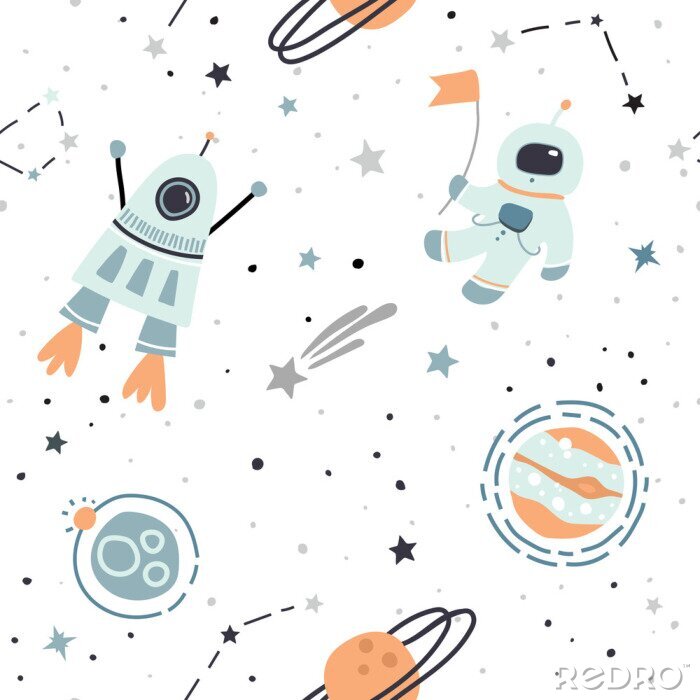 Papier peint à motif  Modèle sans couture avec des éléments de l'espace dessinés à la main: cosmonaute, astronaute, espace, fusée, étoiles, étoile filante, planètes. Les enfants branchés vector background sur blanc.
