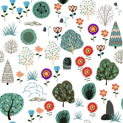 Papier peint à motif  Modèle sans couture avec des éléments de la forêt et des formes dessinées à la main. Texture enfantine.