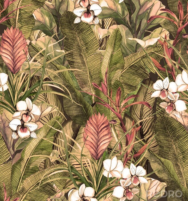 Papier peint à motif  Modèle sans couture avec des fleurs et des feuilles tropicales. modèle d'aquarelle avec phalinopsis d'orchidée blanche. Fond botanique