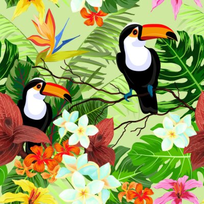 Papier peint à motif  Modèle sans couture avec des fleurs tropicales et des oiseaux