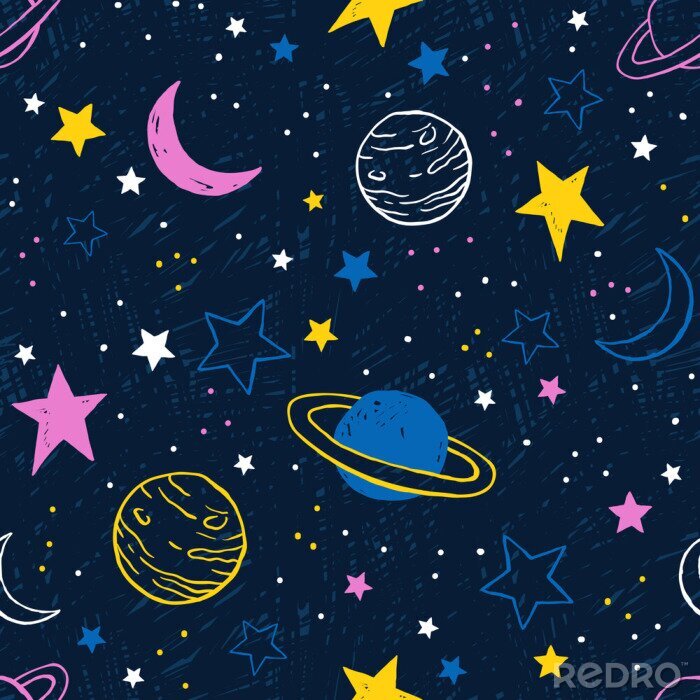 Papier peint à motif  Modèle sans couture avec des planètes colorées et des étoiles