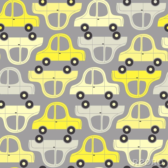 Papier peint à motif  modèle sans couture avec des voitures jaunes et grises - illustration vectorielle, eps