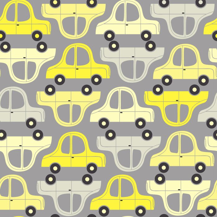 Papier peint à motif  modèle sans couture avec des voitures jaunes et grises - illustration vectorielle, eps