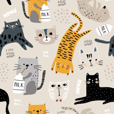 Papier peint à motif  Modèle sans couture avec différents chats drôles et une bouteille de lait. Texture enfantine créative. Idéal pour les tissus, textiles Illustration vectorielle
