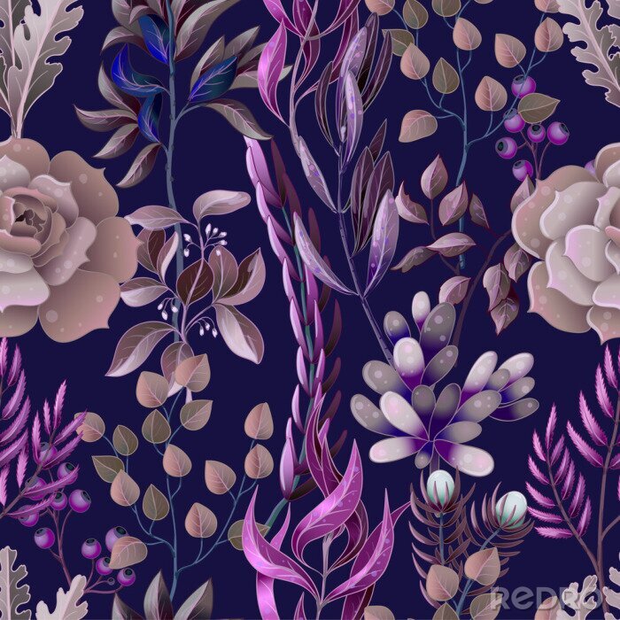 Papier peint à motif  Modèle sans couture avec eucalyptus, magnolia, feuilles de fougère et plantes succulentes. Fond de vecteur tendance herbe rustique.