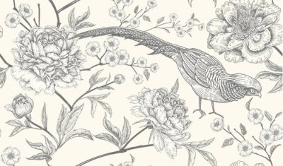 Papier peint à motif  Modèle sans couture avec faisans d'oiseaux exotiques et fleurs de pivoine.