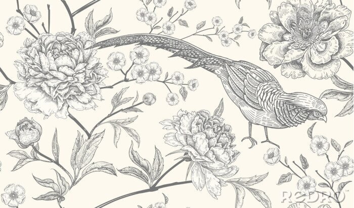 Papier peint à motif  Modèle sans couture avec faisans d'oiseaux exotiques et fleurs de pivoine.