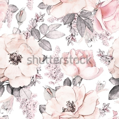 Papier peint à motif  Modèle sans couture avec fleurs roses et feuilles sur fond blanc, motif floral aquarelle, fleur est passée dans la couleur pastel, mosaïque pour papier peint, carte ou tissu