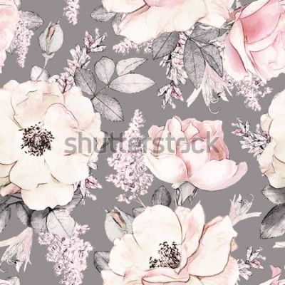 Papier peint à motif  Modèle sans couture avec fleurs roses et feuilles sur fond gris, motif aquarelle floral, fleur est passée dans la couleur pastel, mosaïque pour papier peint, carte ou tissu