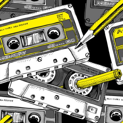 Modèle sans couture avec l'image d'une cassette audio et un crayon jaune. Illustration vectorielle