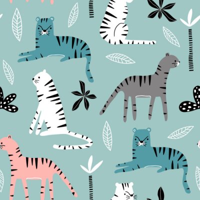 Papier peint à motif  Modèle sans couture avec les tigres, branche de palmier et fond tropical. Texture enfantine créative jungle. Idéal pour les tissus, textiles Illustration vectorielle