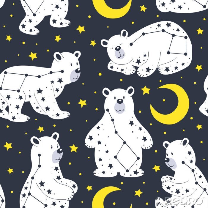 Papier peint à motif  modèle sans couture avec ours blanc et constellation Ursa Major - illustration vectorielle, eps