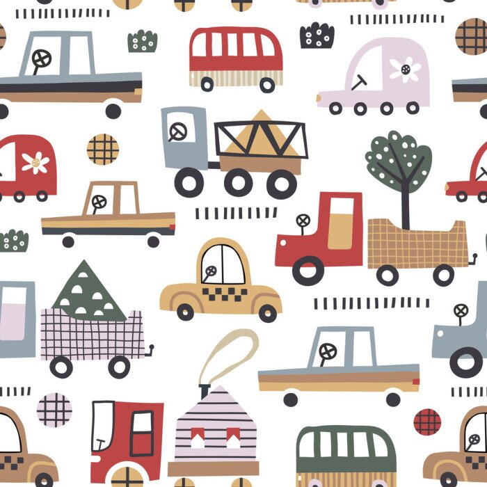 Papier peint à motif  Modèle sans couture bébé avec une voiture mignonne. Parfait pour le tissu, le textile et le papier peint pour enfants. Illustration vectorielle en style scandinave.