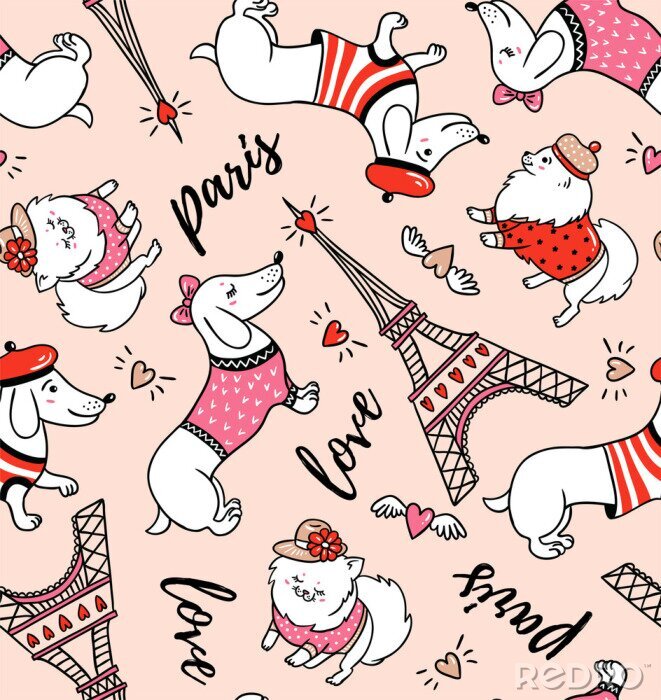 Papier peint à motif  Modèle sans couture de chien de style français sur fond rose. Teckel parisien de dessin animé mignon et illustration vectorielle de tour Eiffel. Chien habillé à la française avec béret rouge.