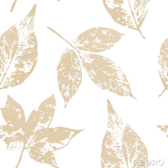 Papier peint à motif  Modèle sans couture de feuille d'or sur fond blanc. Impression de feuilles avec peinture acrylique dorée. Décoration de vacances en style grunge.