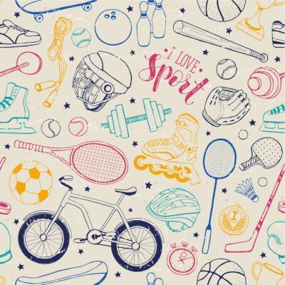 Papier peint à motif  Modèle sans couture de l'équipement de sport dans le style de doodle. Illustration vectorielle Accessoires de sport dessinés à la main sur fond vintage.