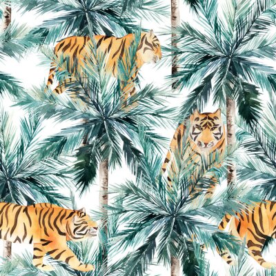 Modèle sans couture de la jungle. Palmiers tropicaux et tigre. Illustration aquarelle dessinée à la main