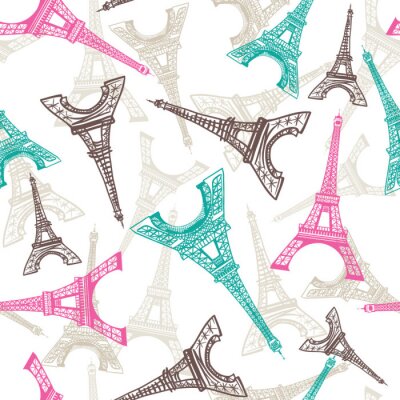 Modèle sans couture de la Tour Eiffel. Fond de vecteur français. Texture de tissu vintage dans des couleurs pastel