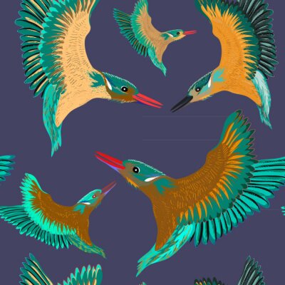 Papier peint à motif  Modèle sans couture de martin-pêcheur. Illustration vectorielle des oiseaux sur fond bleu foncé