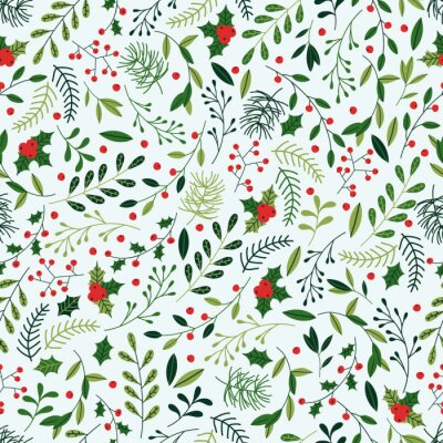 Papier peint à motif  Modèle sans couture de Noël avec le gui, les branches d'épinette, les feuilles vertes et les baies.