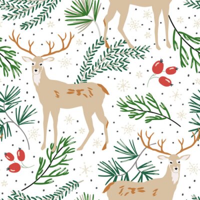 Papier peint à motif  Modèle sans couture de Noël, fond blanc. Animaux du cerf, brindilles de pin vert, baies, neige. Illustration vectorielle Conception de la nature. Papier numérique de voeux de saison. Vacances de Noël 