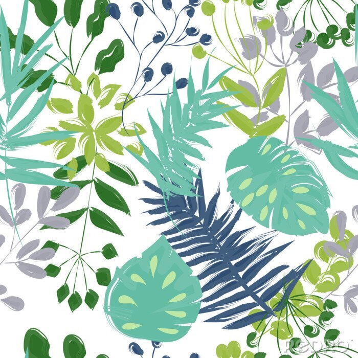 Papier peint à motif  modèle sans couture de plantes bleues et vertes sur fond blanc