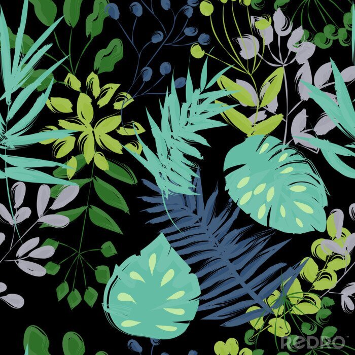 Papier peint à motif  modèle sans couture de plantes bleues et vertes sur un fond noir